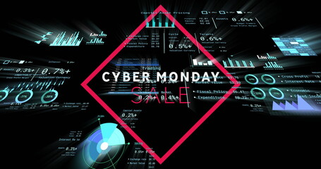 Featuring magenta diamond frame highlighting CYBER MONDAY SALE on screen with holographic panels