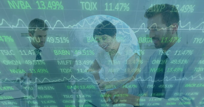 Financial data processing image over diverse business people working in office