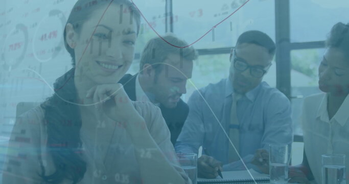 Group of professionals in formal attire discussing financial charts in meeting room, with documents - Powered by Adobe