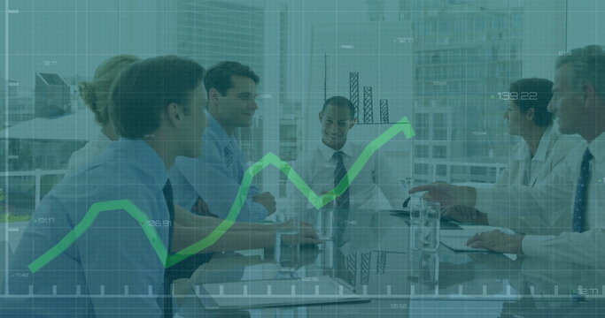 Business meeting with financial growth chart image over diverse professionals