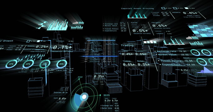 Rendering dark scene showing 3D wireframe city with holographic charts and numeric labels over grid - Powered by Adobe
