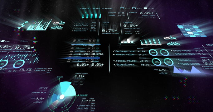 Displaying holographic financial dashboard in dark 3D space, with bar charts and line graphs