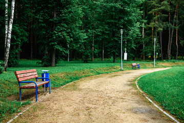 Walking path with benches in the city public park.