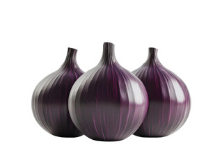 Three Elegant Decorative Onions with Smooth and Glossy Surfaces, Showcasing Unique Purple Tones and Striking Striations for Home Decor
