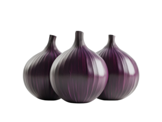 Three Elegant Decorative Onions with Smooth and Glossy Surfaces, Showcasing Unique Purple Tones and Striking Striations for Home Decor
