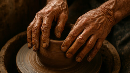 Wrinkled Hands Sculpting Pottery in Studio