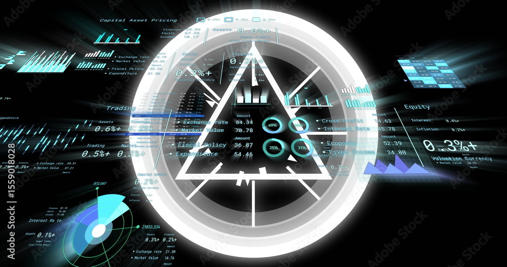 Poster showing holographic ui overlaying triangle in data hub with charts, grids and gauge, copy space