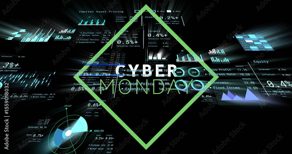 Aufkleber displaying neon green diamond framing cyber monday on dark interface, with floating charts and data