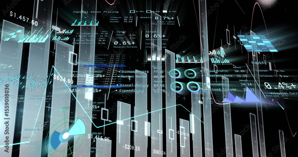 Poster floating vertical bar charts and line graphs pulsing in digital space, with holographic data panels