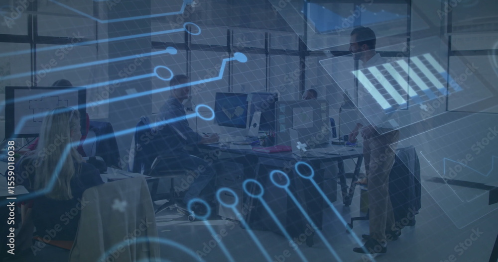 Poster digital circuit pattern image over people working in modern office setting