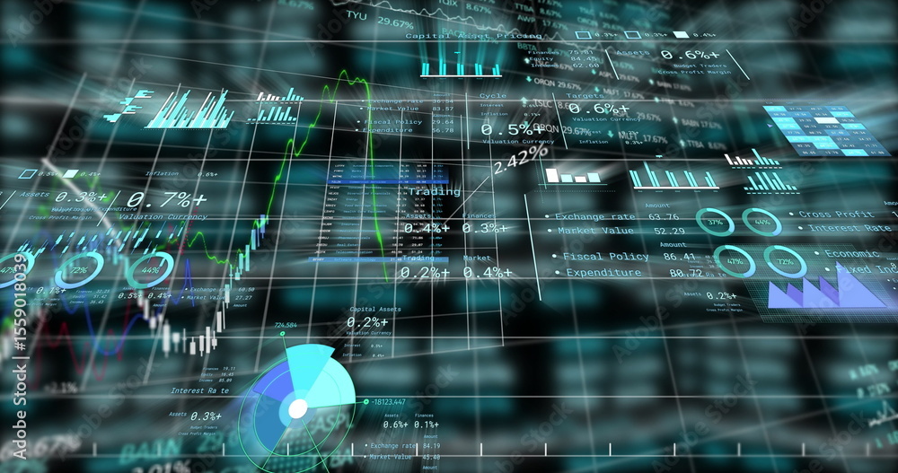 Poster presenting holographic trading interface in virtual dashboard, showing line graphs and data blocks