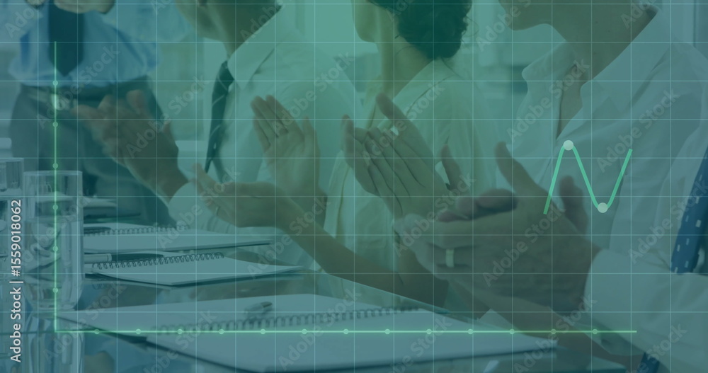 Poster clapping team in business attire at conference table with notebooks pens glasses and data overlay