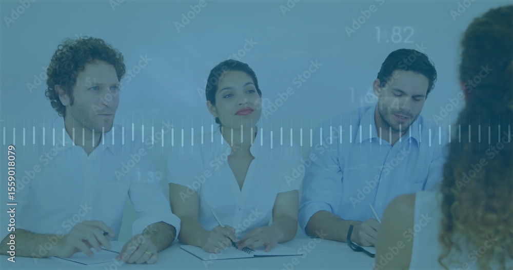 Poster conducting interview panel taking notes at meeting table, with notebooks and waveform overlay