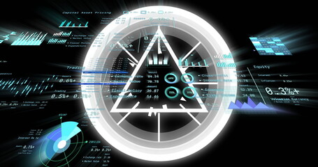 Showing holographic UI overlaying triangle in data hub with charts, grids and gauge, copy space