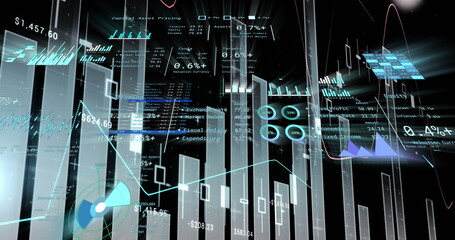 Floating vertical bar charts and line graphs pulsing in digital space, with holographic data panels