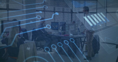 Digital circuit pattern image over people working in modern office setting