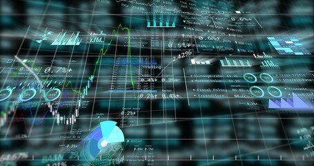 Presenting holographic trading interface in virtual dashboard, showing line graphs and data blocks