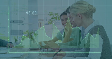 Team analyzing green line graph overlay on laptops at office meeting table, with succulent