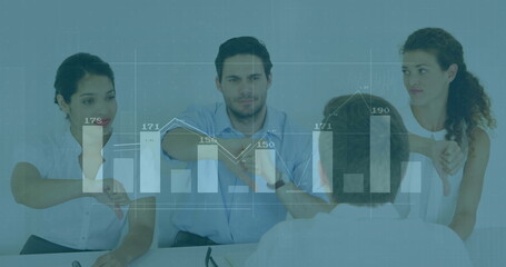 Giving thumbs-down executives evaluating presentation at boardroom table, with bar chart overlay