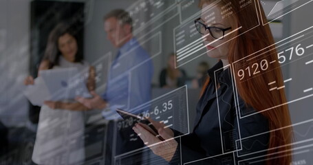 Studying woman in black blazer analyzing tablet data in conference room, data overlays, copy space