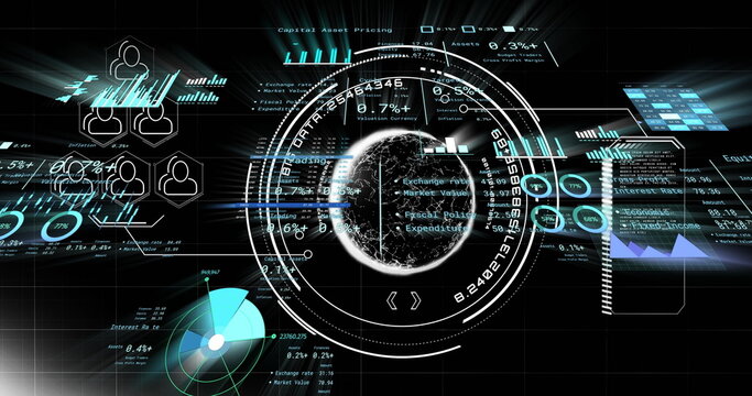 Animating holographic globe rotating in virtual display, with data rings, bar charts and user icons