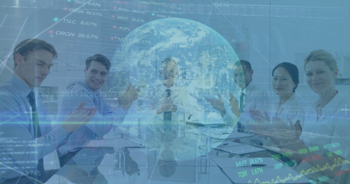Clapping executives in suits presenting data in modern boardroom, with holographic globe and charts