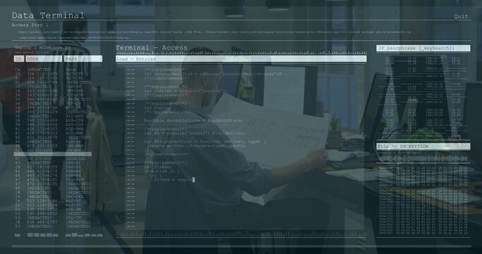 Person at desk analyzing architectural plans with data processing overlay image