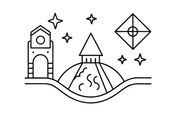 Obraz premium Night Sky Line Art Serene Town, Starry Hilltop, and Diamond Kite