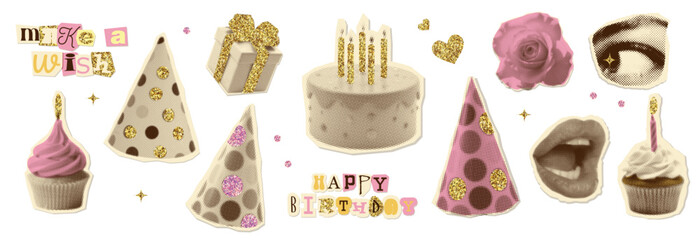 Happy birthday halftone collage cut outs set. Various paper clipping shapes with golden glitter. Present, cake, cone cap stickers with gold sparkle texture. Retro vector design for mixed media