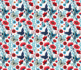 Seamless floral pattern with vibrant red flowers and delicate blue butterflies on a white background.