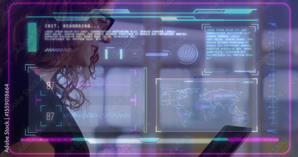 Poster using tablet with image overlay, person viewing data and world map