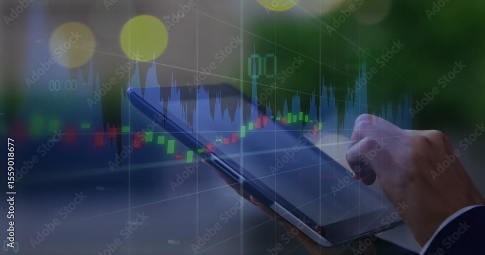 Poster using tablet, person viewing financial graphs and data with image effects