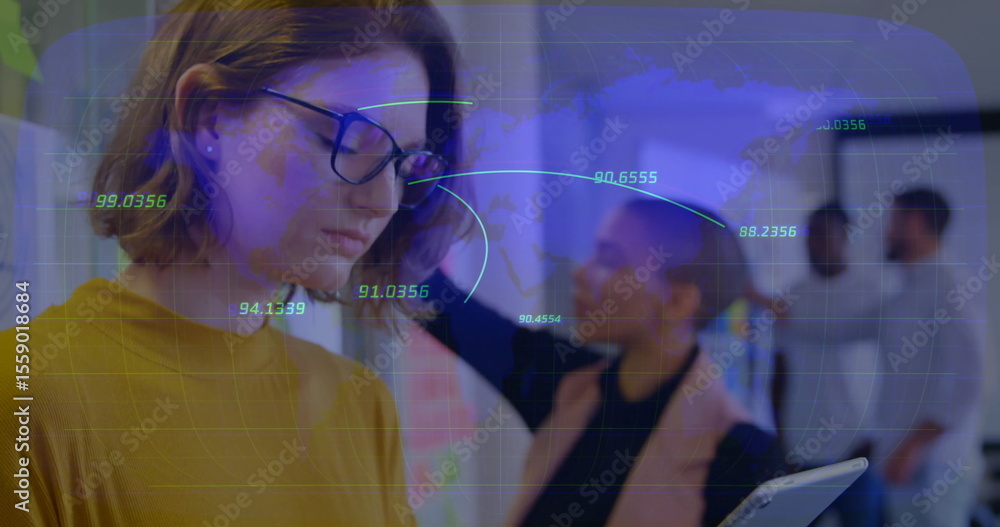 Poster using tablet with global data image, woman engaging in technology exploration