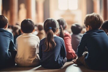 Large group of diverse elementary school students sitting on the floor listening attentively to their teacher