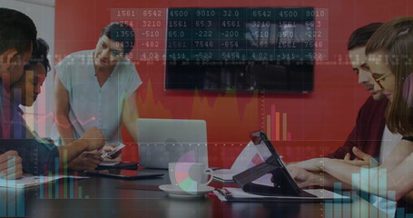 Analyzing financial data and graphs, diverse team in business meeting with image