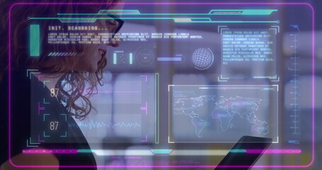 Using tablet with image overlay, person viewing data and world map