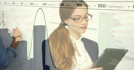 Businesswoman wearing blazer analyzing tablet data in office, with whiteboard and currency ticker