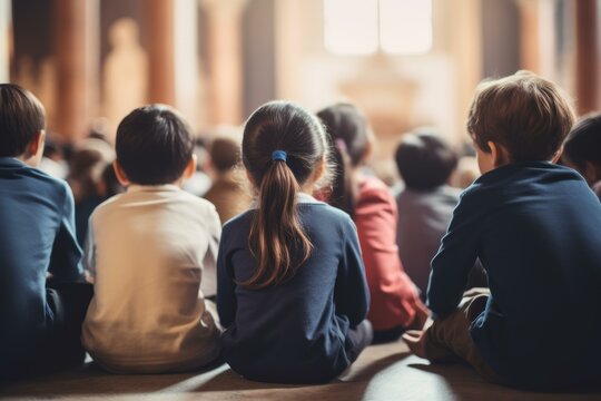 Large group of diverse elementary school students sitting on the floor listening attentively to their teacher