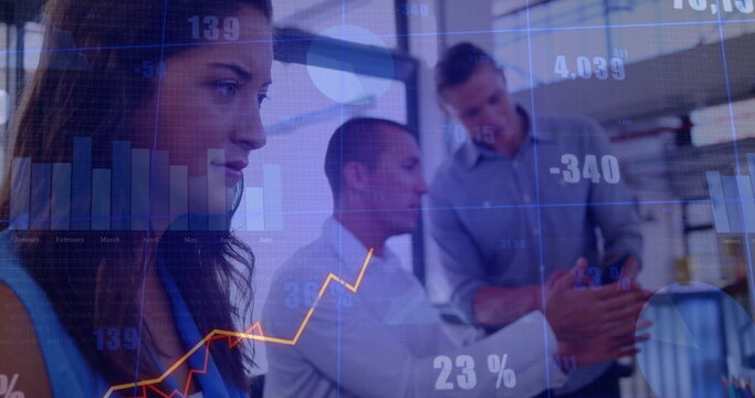 Analyzing woman wearing blue blouse studying data in office, with numeric overlays, copy space