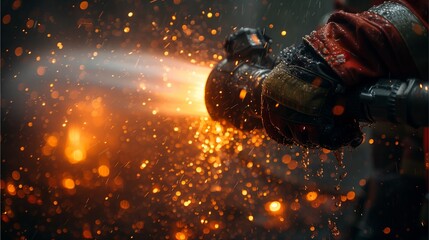 firefighter battling a blaze, intense heat, water spray, sparks flying