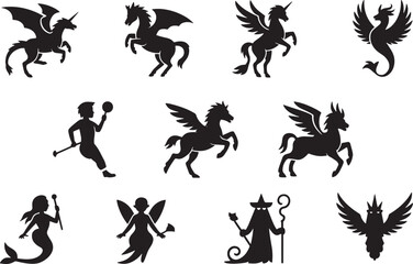Ten Black Silhouette Fantasy Creature Icons Griffin Hippogriff Pegasus Unicorn Mermaid Wizard Fairy Juggler