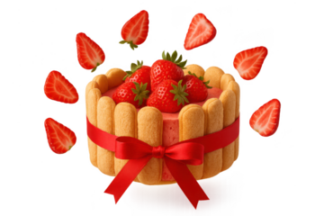 Strawberry charlotte cake with fresh berries, isolated transparent background.