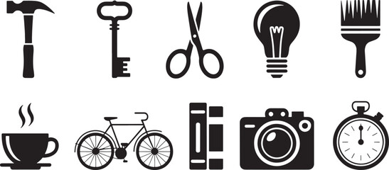 Obraz premium Ten Black Silhouette Icons Set Hammer Key Scissors Lightbulb Paintbrush Coffee Cup Bicycle Books Camera Stopwatch 1