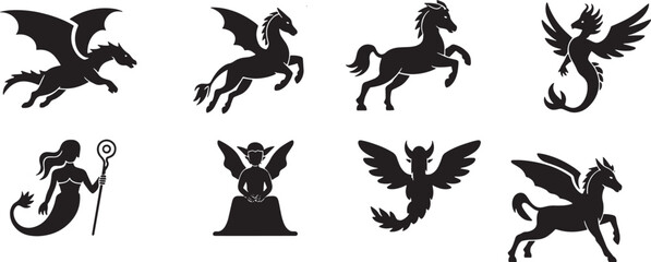 Ten Black Silhouette Fantasy Creatures Icons Dragons Griffins Pegasi Mermaid Fairy pegasus hippogriff