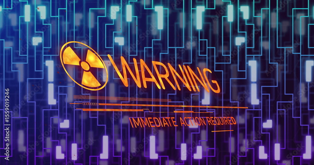 Aufkleber displaying radiation trefoil symbol, warning immediate action required on ui, with circuit backdrop