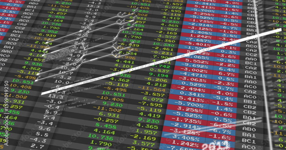 Poster displaying white ascending line chart arrow crossing trading dashboard, with color-coded stock grid
