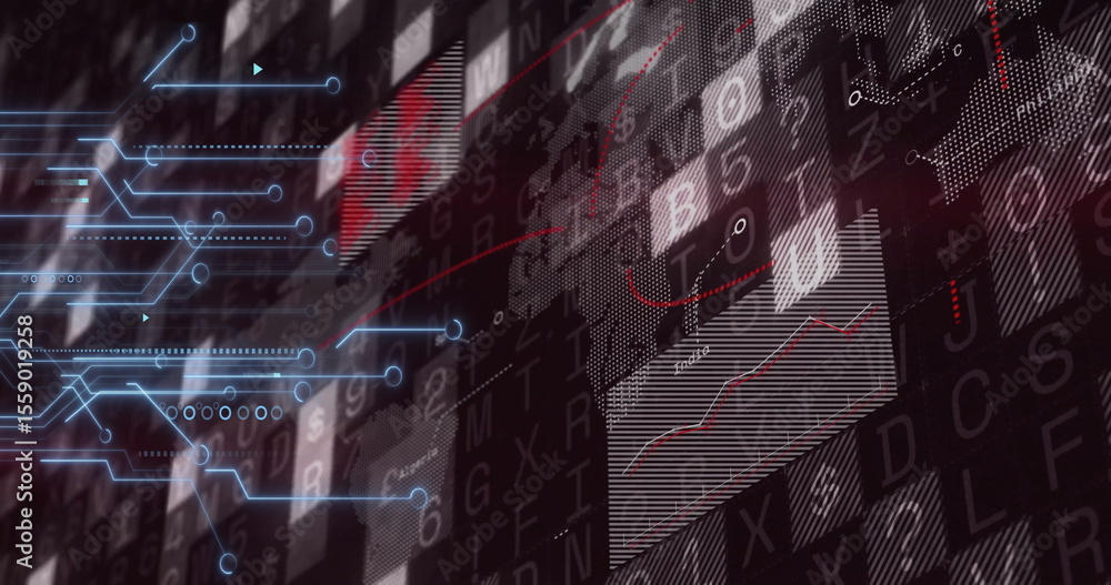 Poster matrix grid showing on dashboard, with data panels red fluctuating graph, blue circuit nodes arrows
