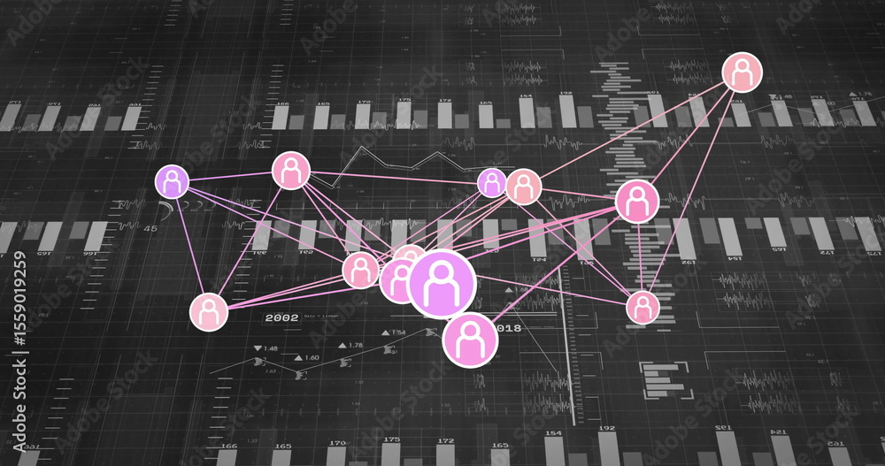 Poster displaying connected circular user icons floating on dark dashboard grid, with bar chart segments