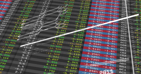 Displaying white ascending line chart arrow crossing trading dashboard, with color-coded stock grid