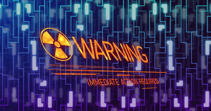 Displaying radiation trefoil symbol, WARNING IMMEDIATE ACTION REQUIRED on UI, with circuit backdrop